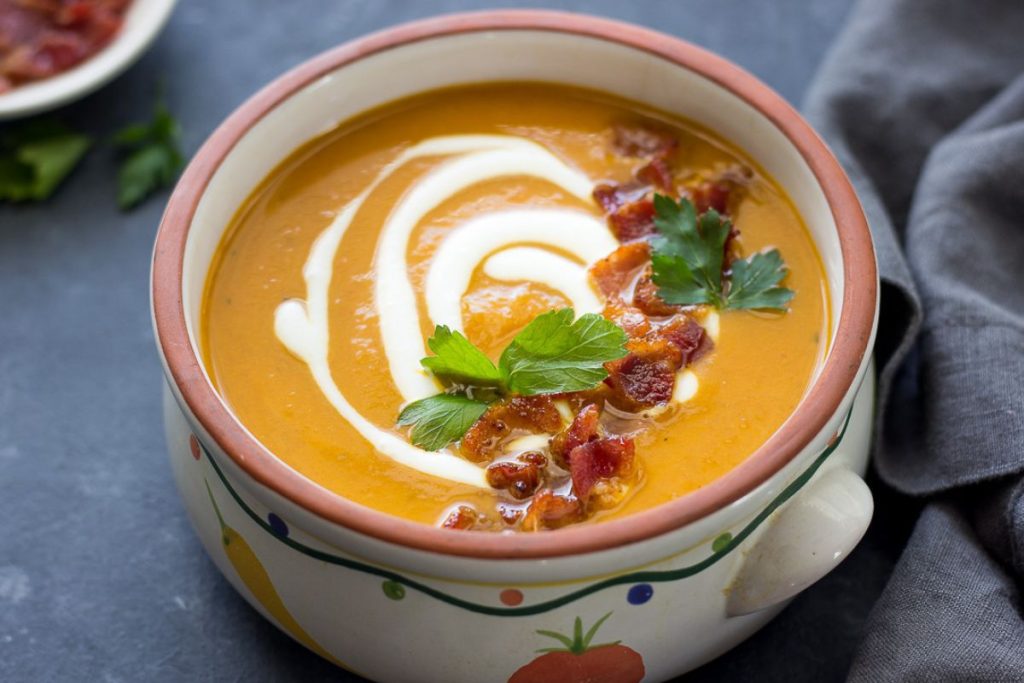 Butternut squash soup in a bowl.