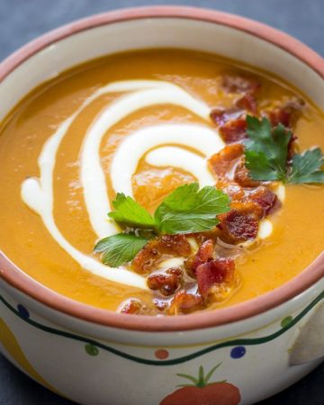 Butternut squash soup in a bowl.