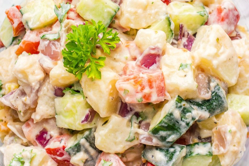 Vegan potato salad in a bowl.