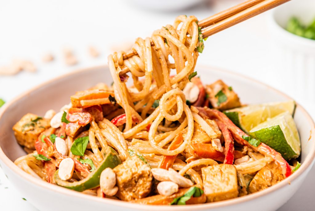 Vegan pad thai in a bowl.