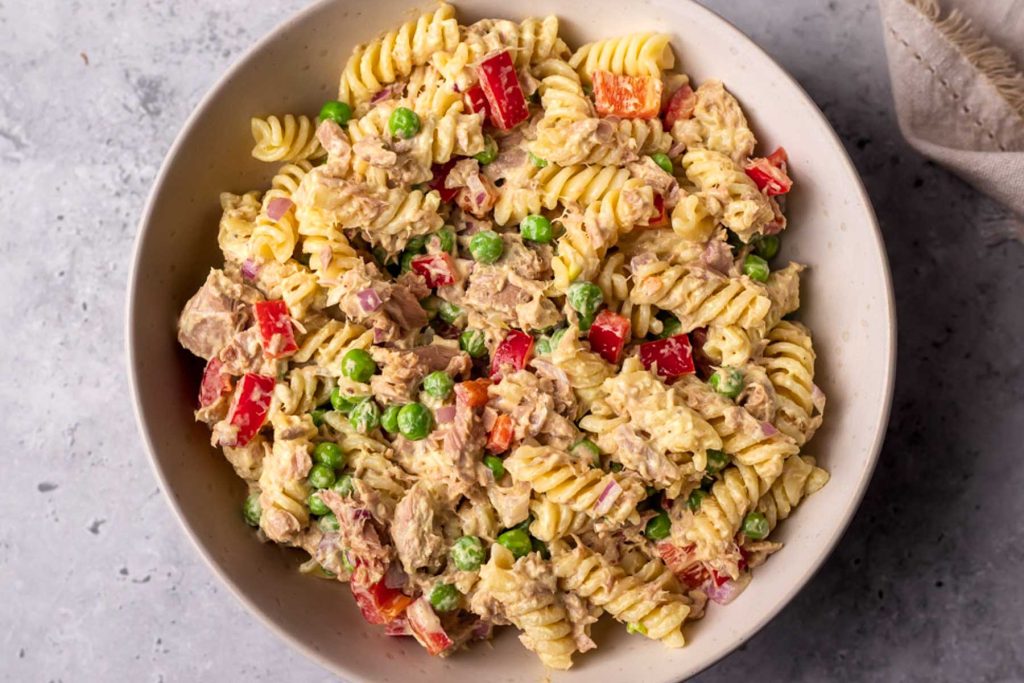 Tuna pasta salad in a bowl.