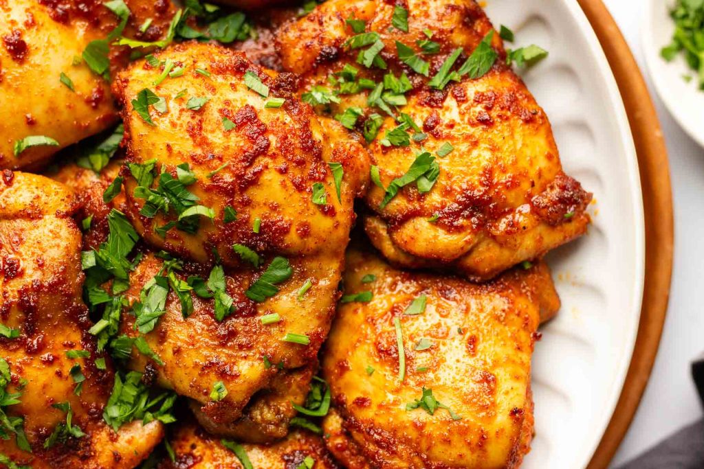 Oven baked chicken thighs in a white bowl.