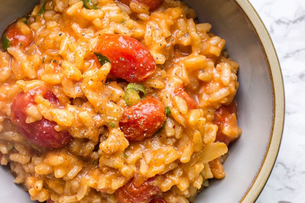 Vegan tomato risotto in a bowl.