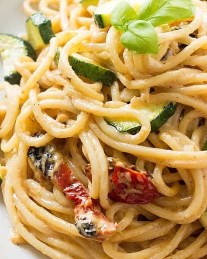 Pasta with sun-dried tomato alfredo.