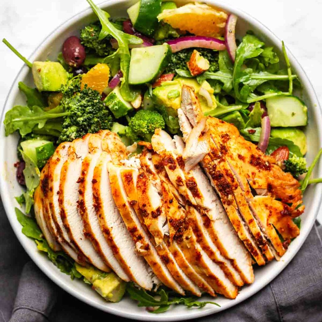 Chicken pastarmi salad in a bowl.