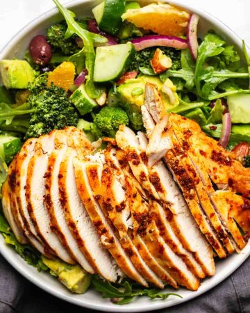 Chicken pastarmi salad in a bowl.