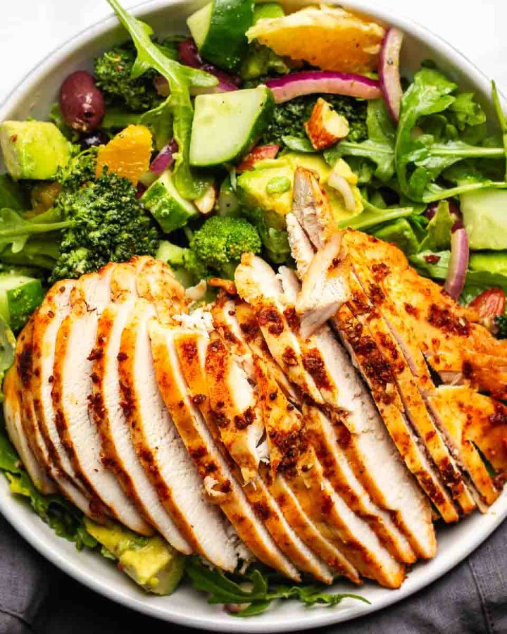 Chicken pastarmi salad in a bowl.
